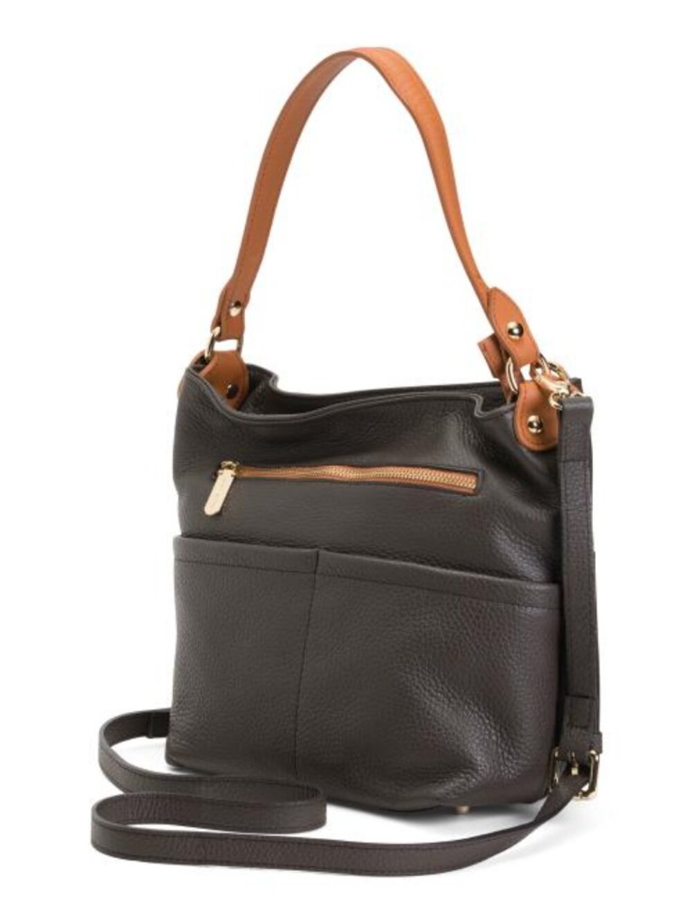 VALENTINA Made In Italy Leather Bucket Double Front Pockets Shoulder Bag - Picture 3 of 5